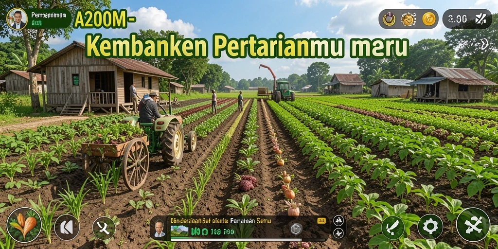 Tampilan gameplay A200M yang menawan dengan berbagai tanaman dan alat pertanian.