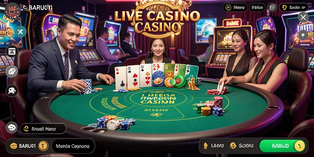 Tampilan utama gameplay Live Casino di BARU01 yang menampilkan dealer langsung.