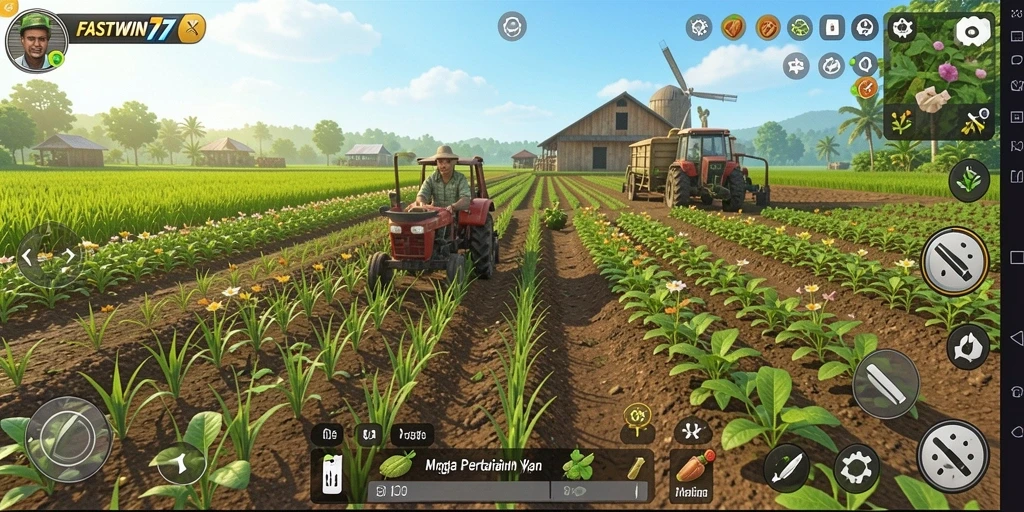 Screenshot FASTWIN77 menunjukkan kebun indah dengan berbagai tanaman yang subur.