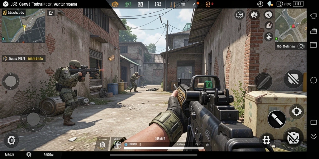 Screenshot gameplay JJ62 yang menunjukkan pertempuran seru di medan perang FPS.
