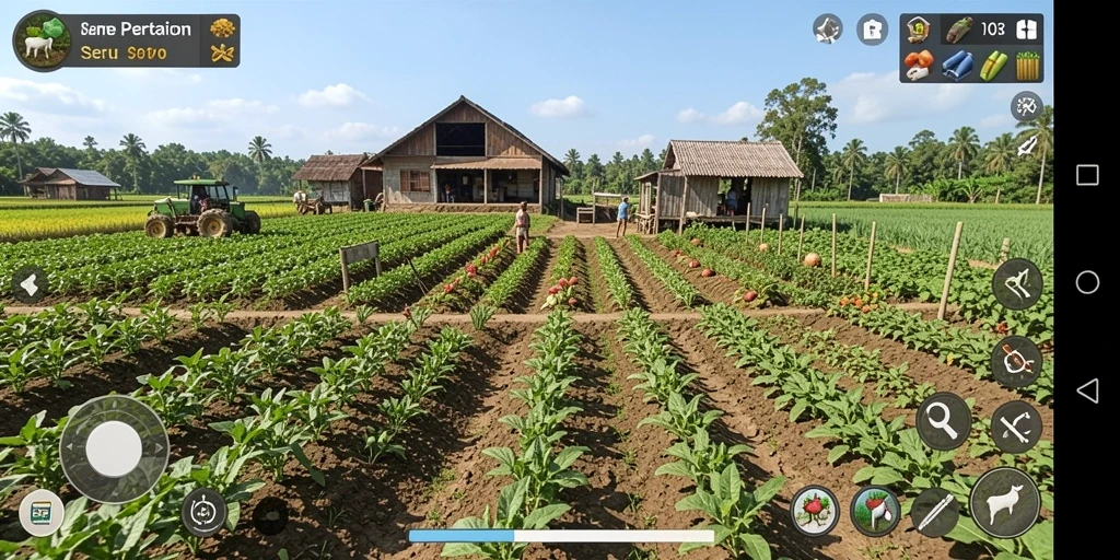 Tampilan gameplay MPO08 yang memukau saat berkebun dan merawat hewan.