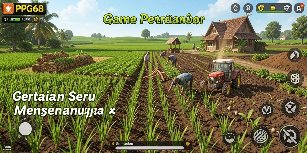 Tampilan gameplay PGG68 dengan ladang yang subur dan hewan ternak.